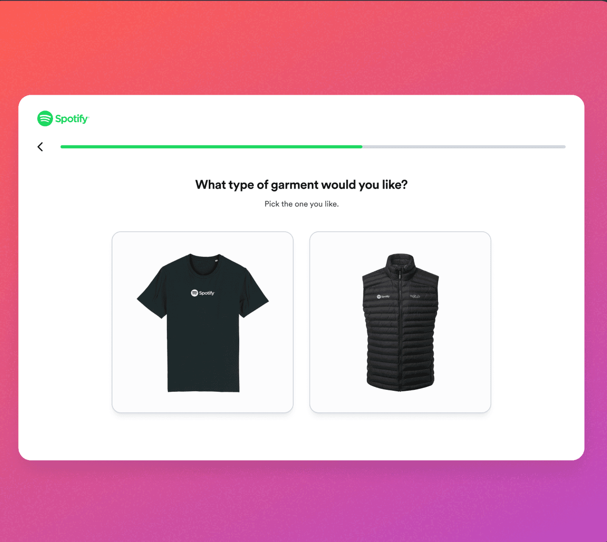 A branded Claim Page™ asking a recipient to pick the garment they want