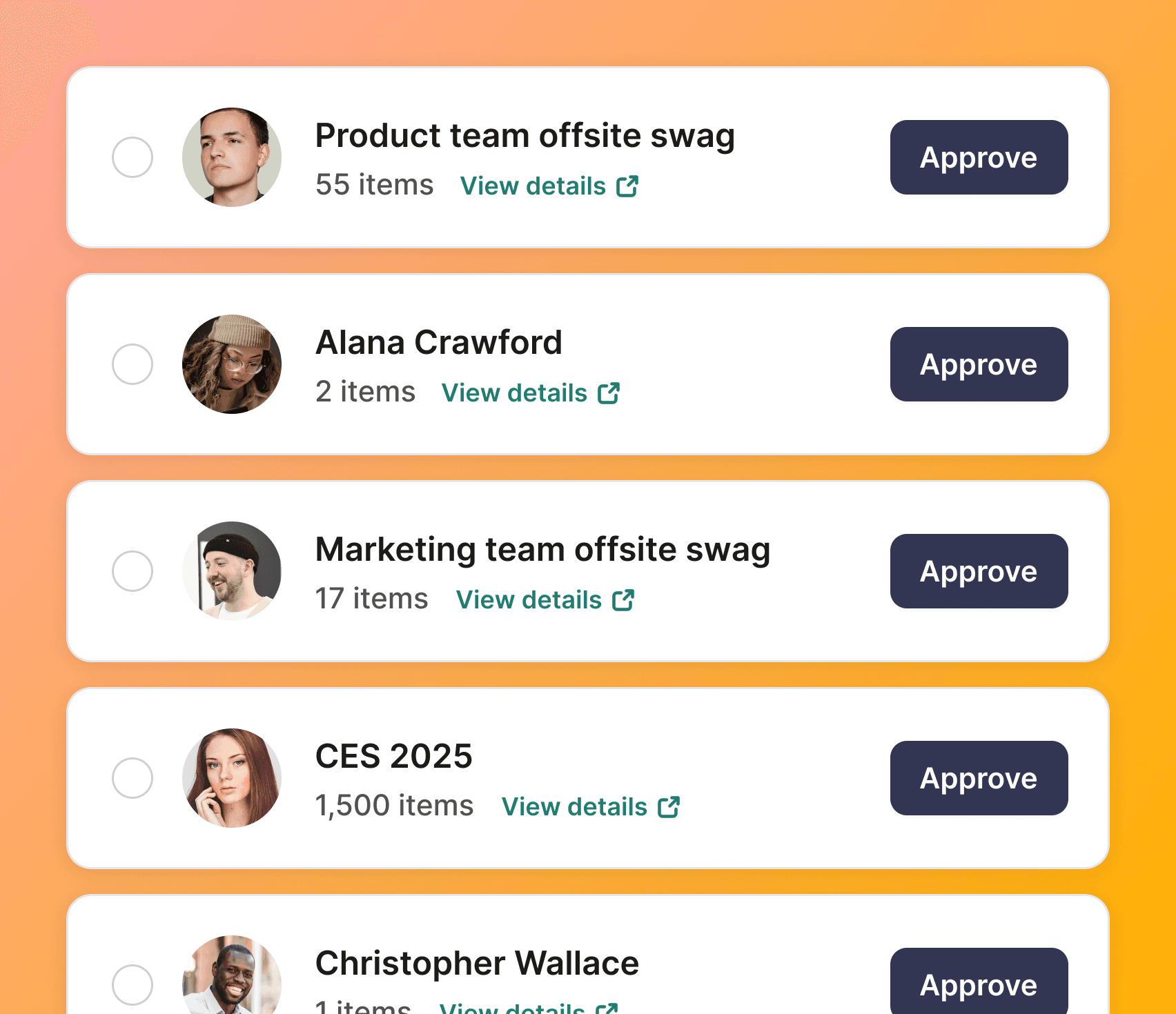 A photograph of a list of orders pending approval from the custom Swag Store