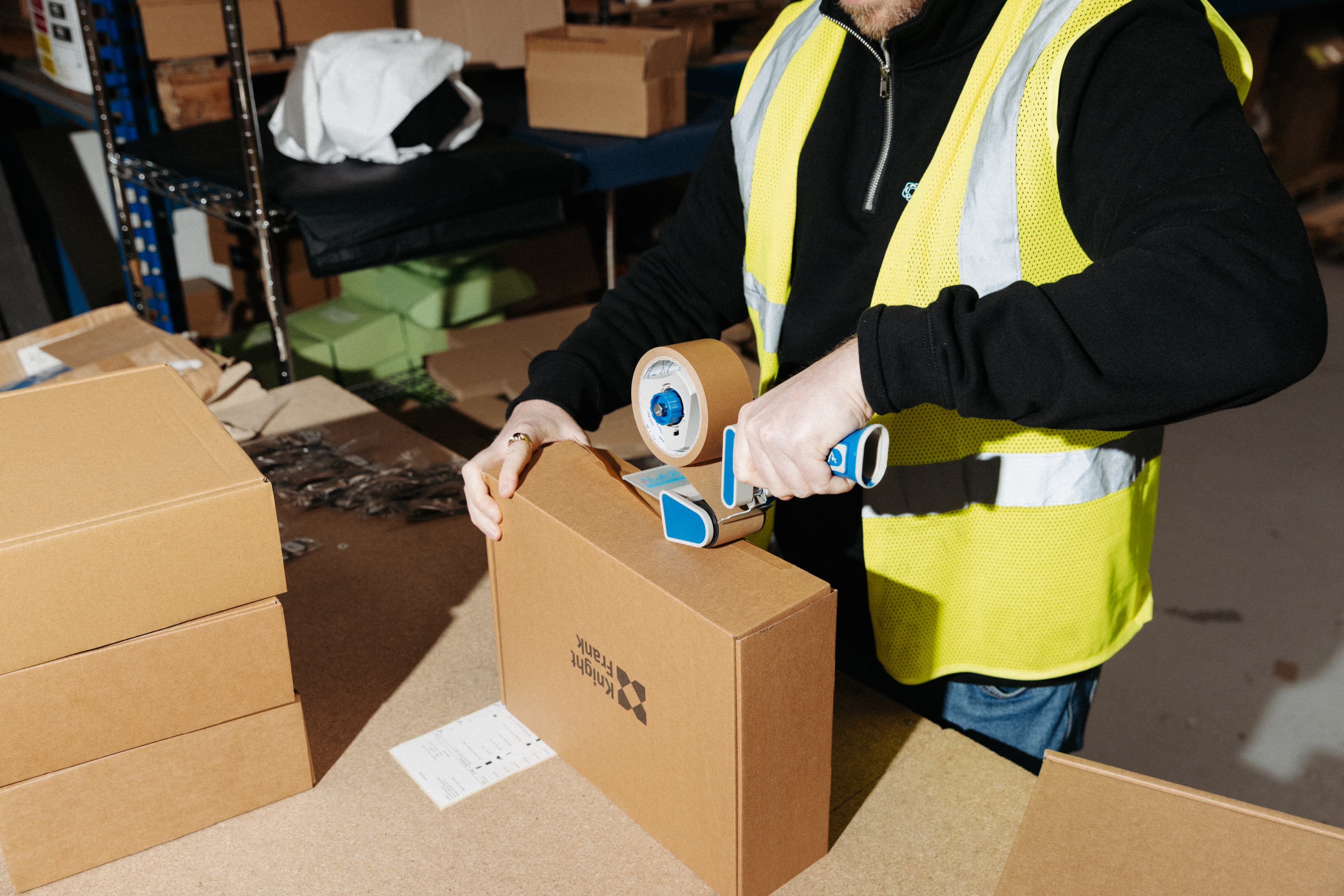 Go Swag team member packing a branded box in the warehouse