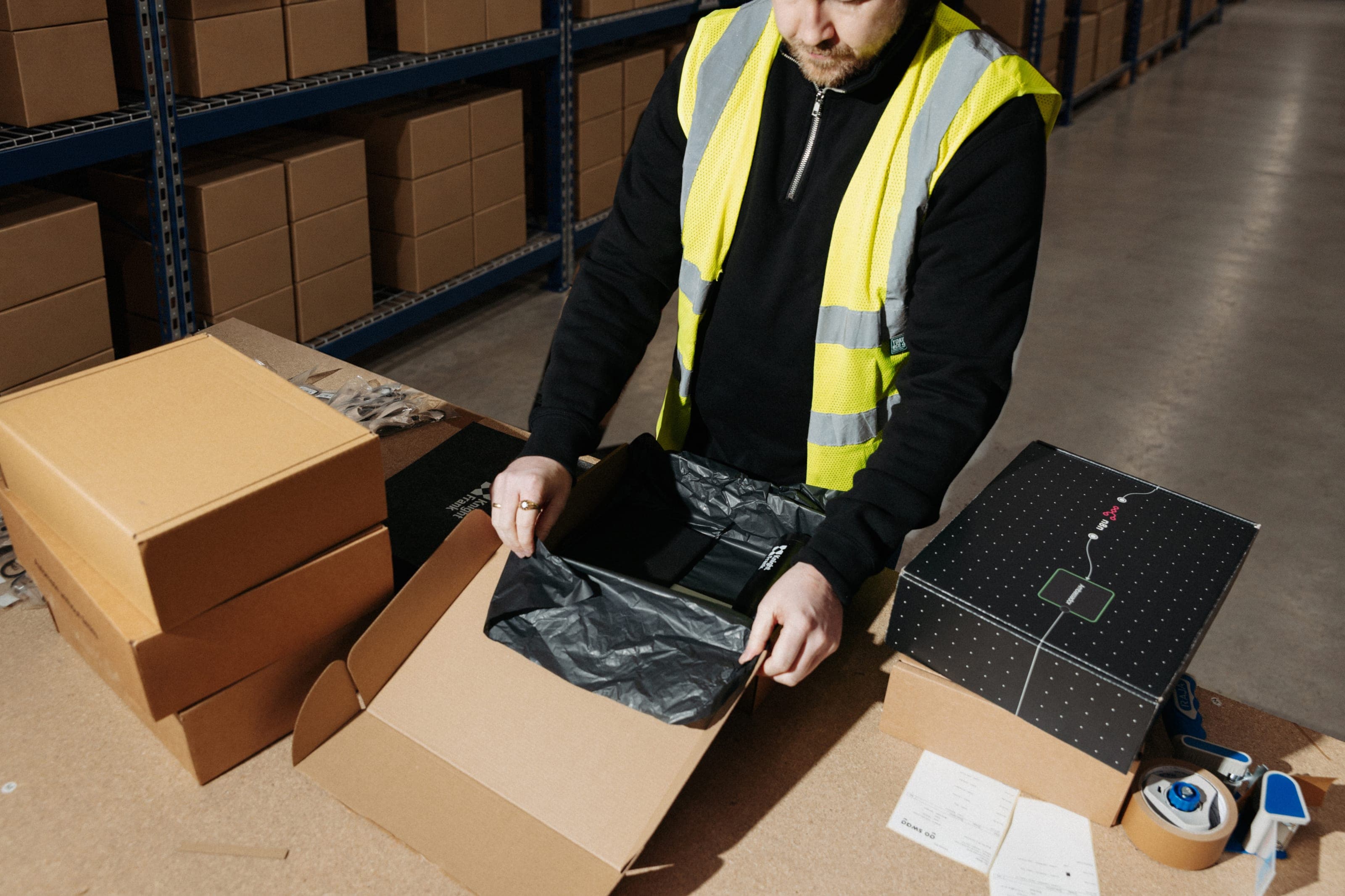 A packer in a hi-vis vest lines a kraft box with black tissue at a warehouse bench, paperwork beside it