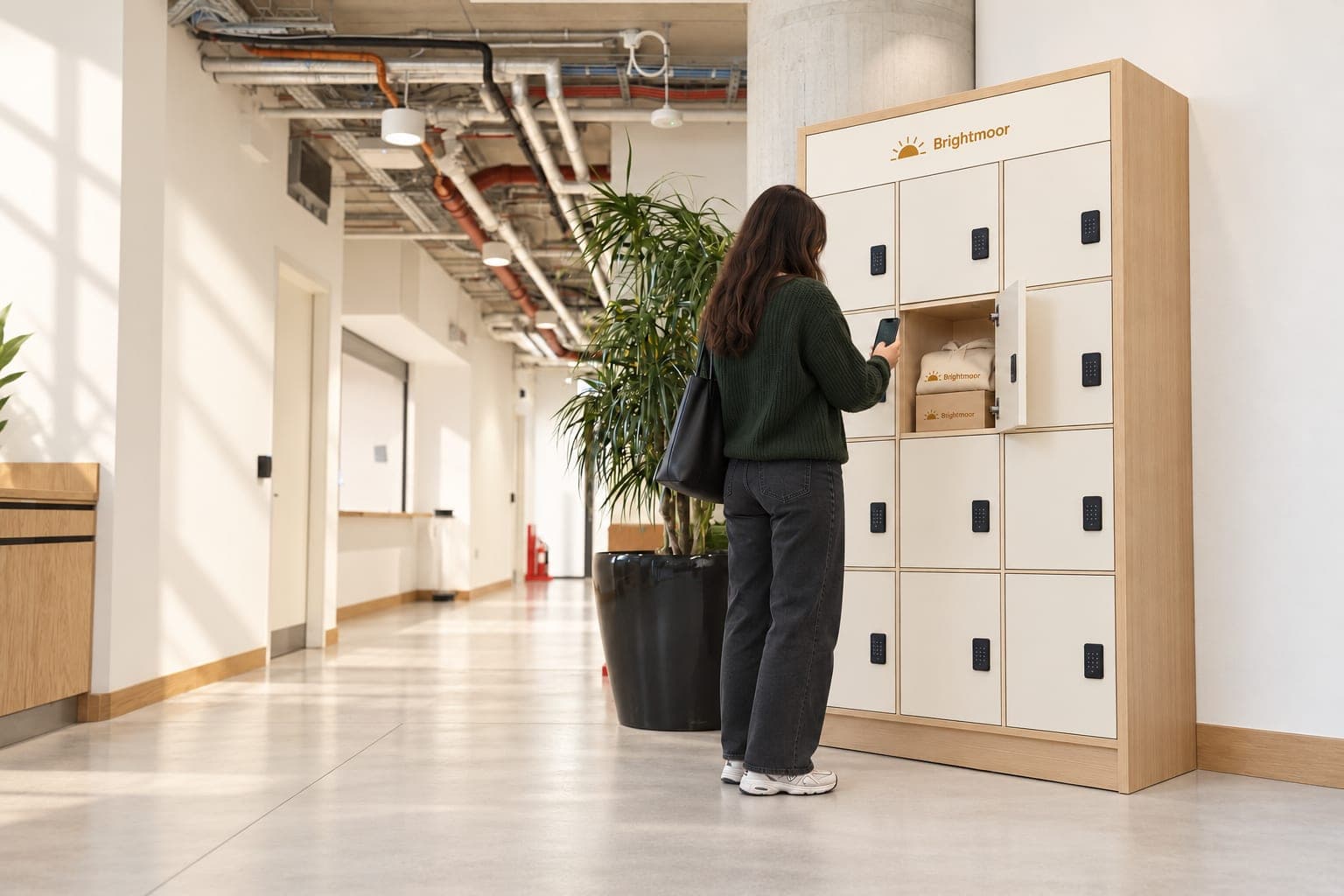 A woman holds her phone to an open locker in an office corridor, where a hoodie and a box are waiting for her