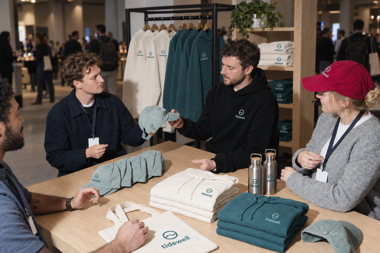 A staff member at a conference pop-up shop hands a cap across the counter to an attendee, with stacks of hoodies, caps, bottles and a tote on the counter