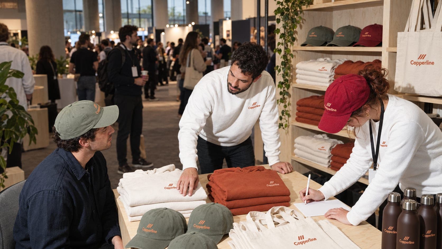 Staff at a busy conference pop-up shop help an attendee across a counter stacked with hoodies, caps, totes and bottles
