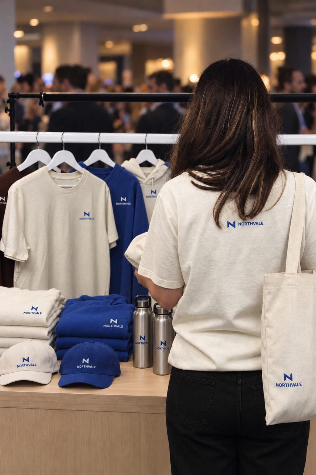 A woman with a tote on her shoulder browses a rail of T-shirts and a counter of folded hoodies, caps and bottles at a conference shop