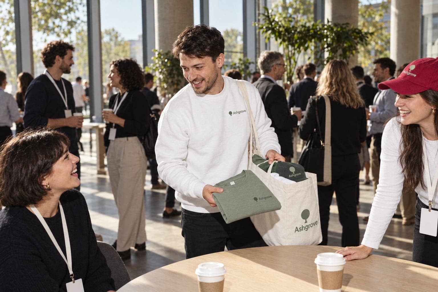 A smiling team member with a tote bag hands a folded T-shirt to a laughing attendee in a sunny conference foyer