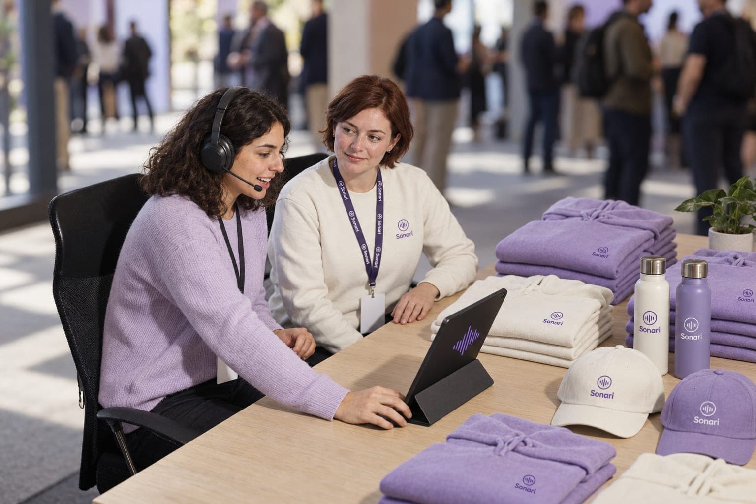 An attendee in a headset talks to a voice assistant on a tablet at a conference merch table, with a staff member beside her