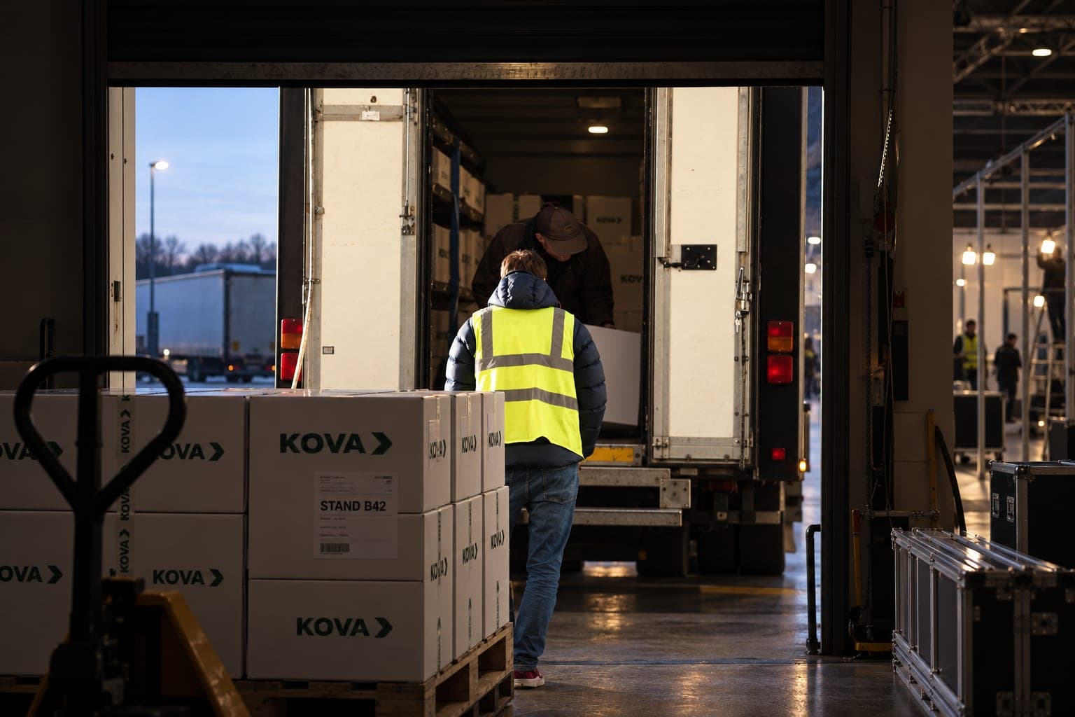 A pallet of branded cartons labelled for a stand number waits at a venue loading bay at dawn as a worker in hi-vis walks to a lorry