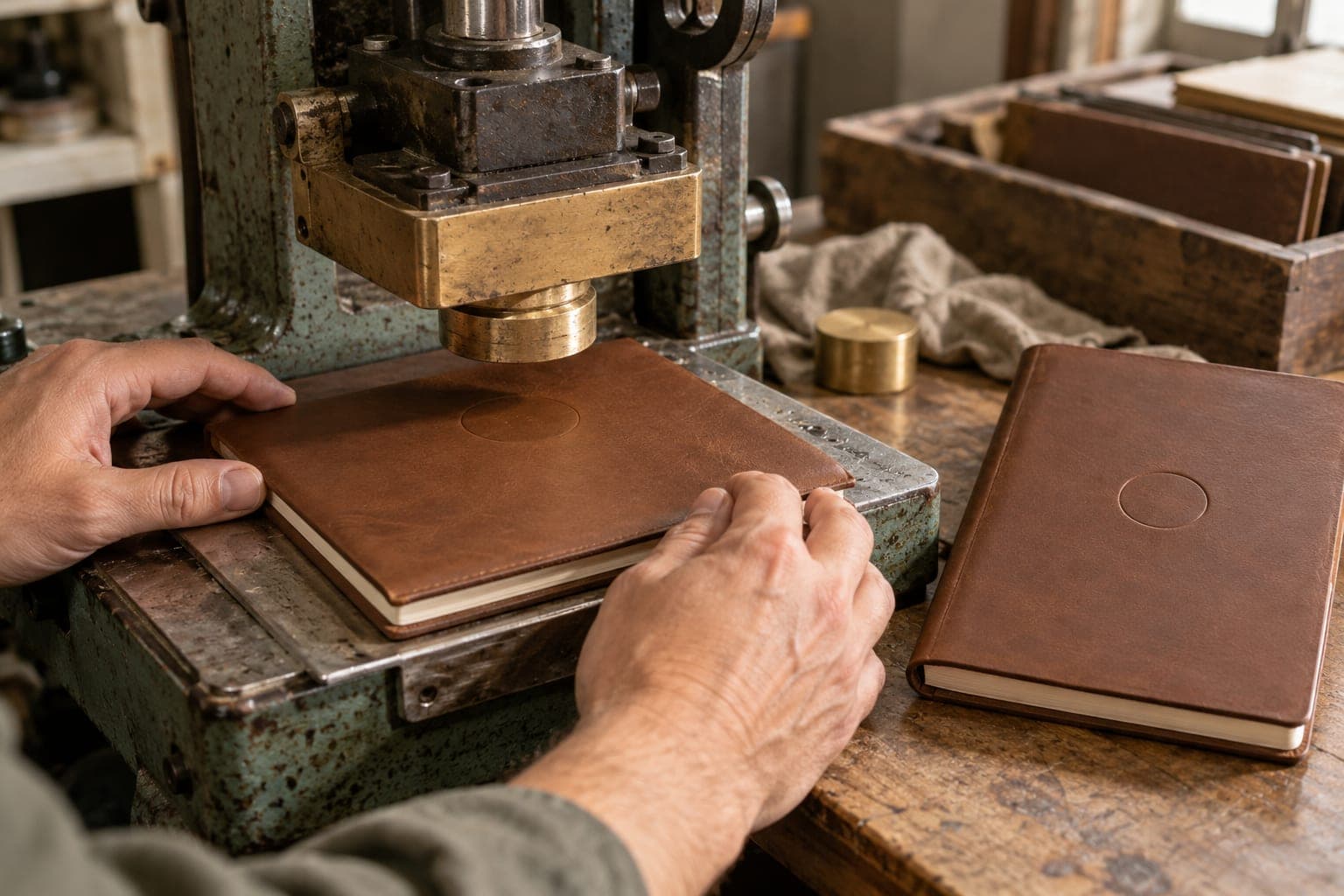 Hands placing a leather notebook in a press to deboss a circle into the cover