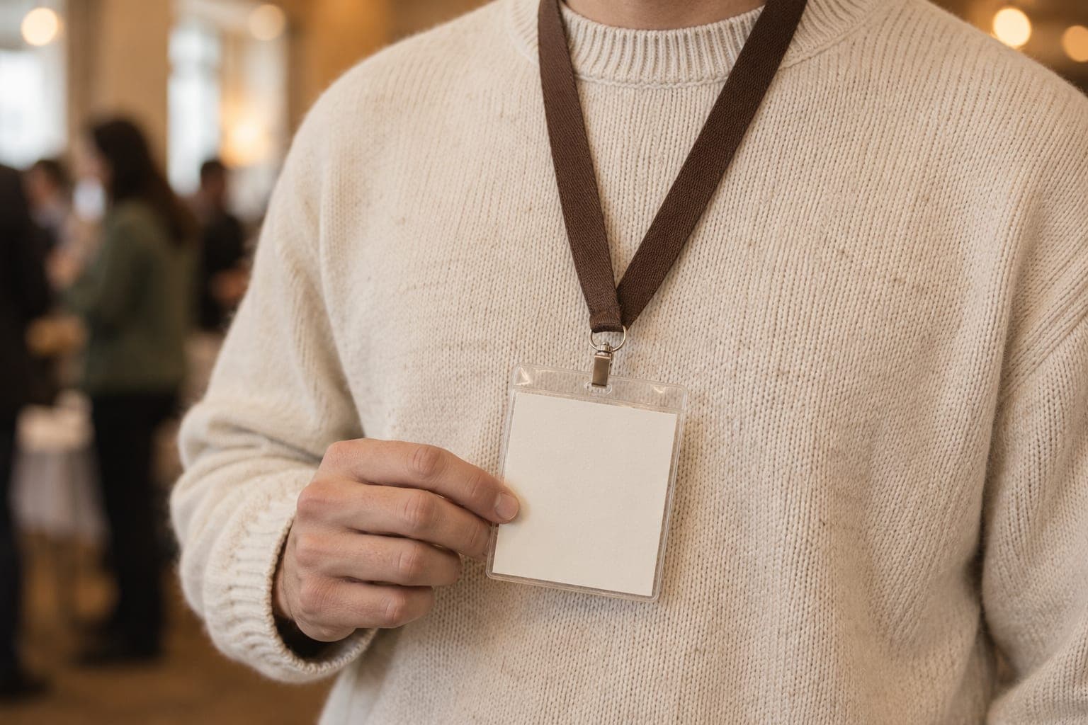 A brown lanyard with a blank badge worn over a cream jumper at an event