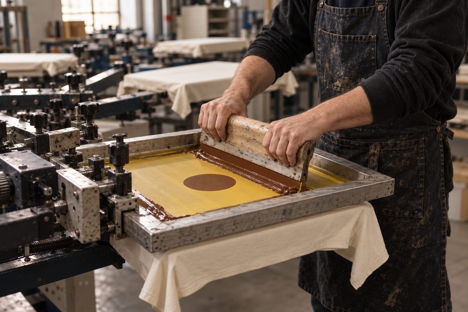 A printer pulling brown ink across a screen onto a cream T-shirt
