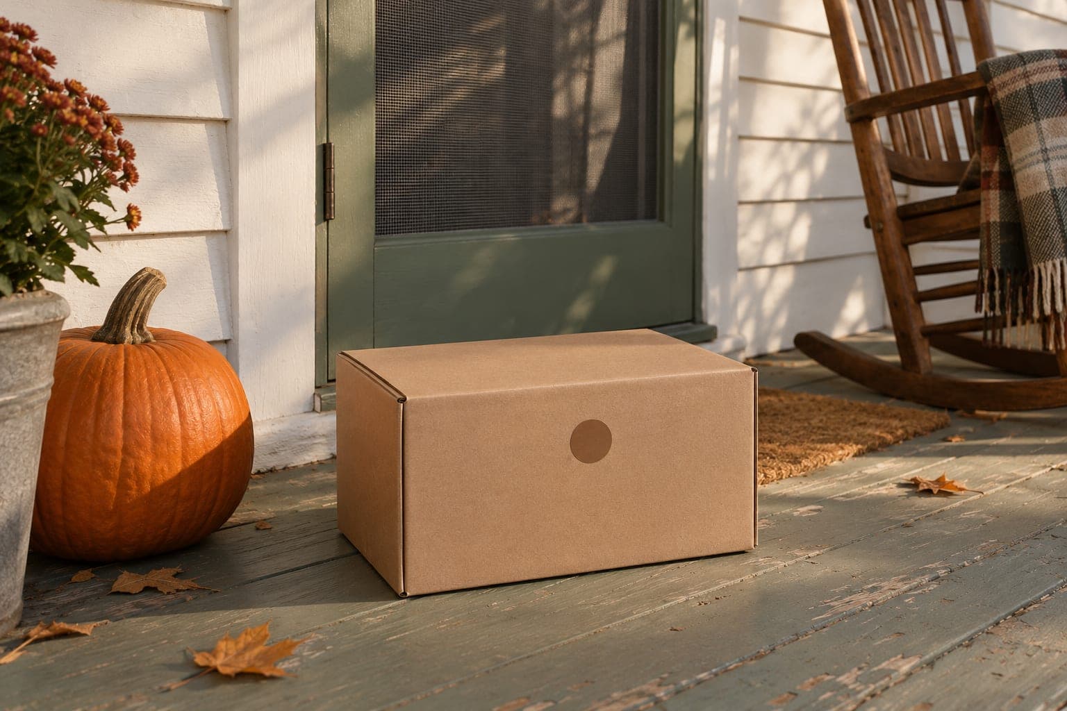A cardboard box left on the porch of a white clapboard house in autumn