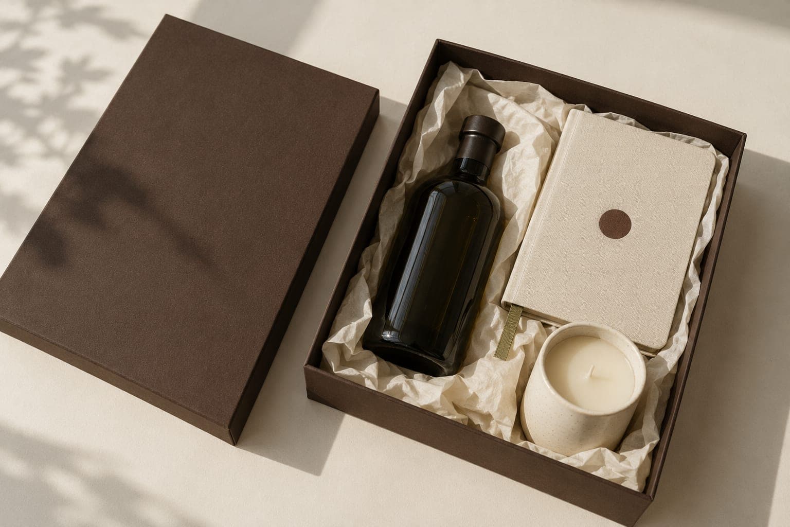 An open brown gift box with a bottle, a linen notebook and a candle