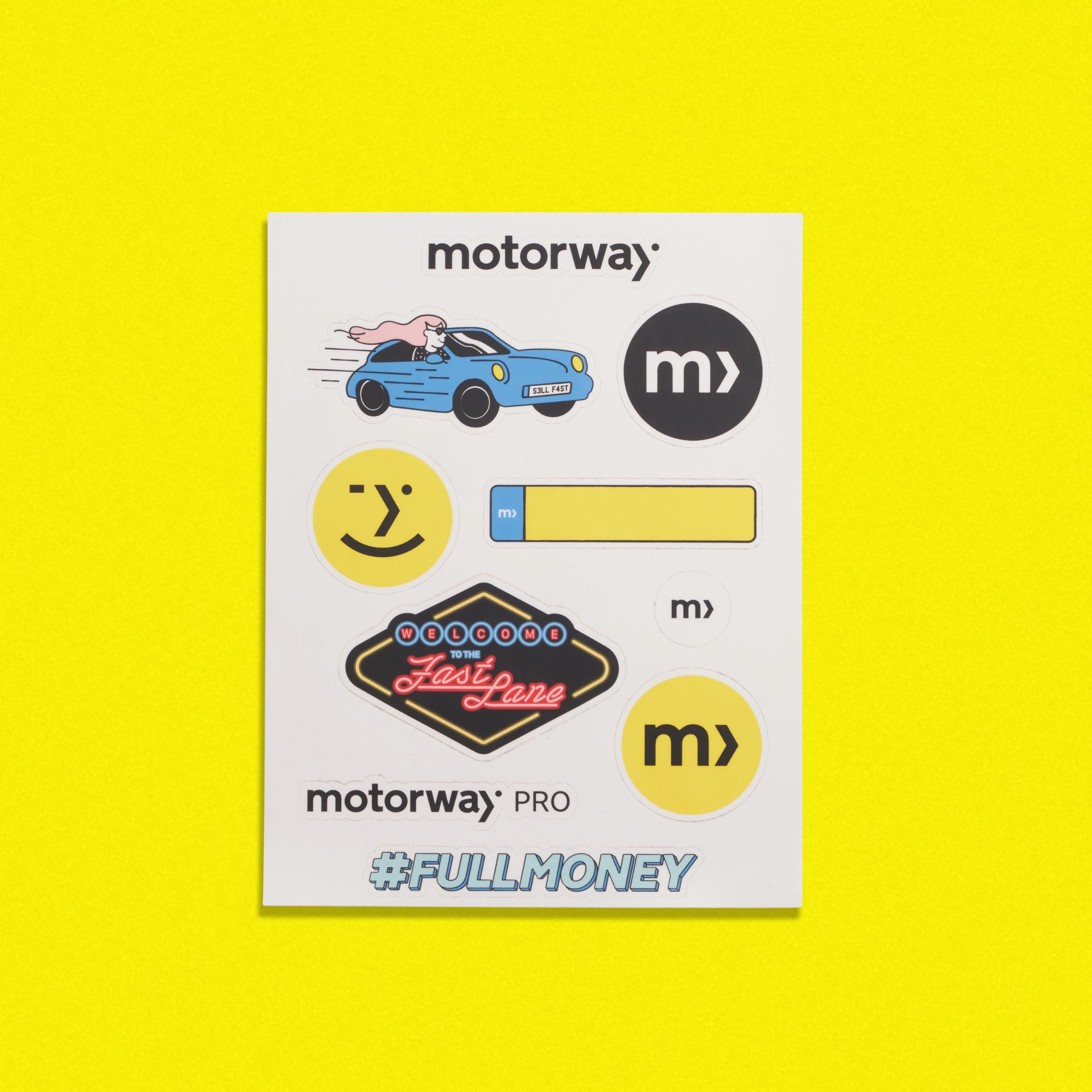A Motorway sticker sheet with wordmarks, logos, a wink face and a cartoon car