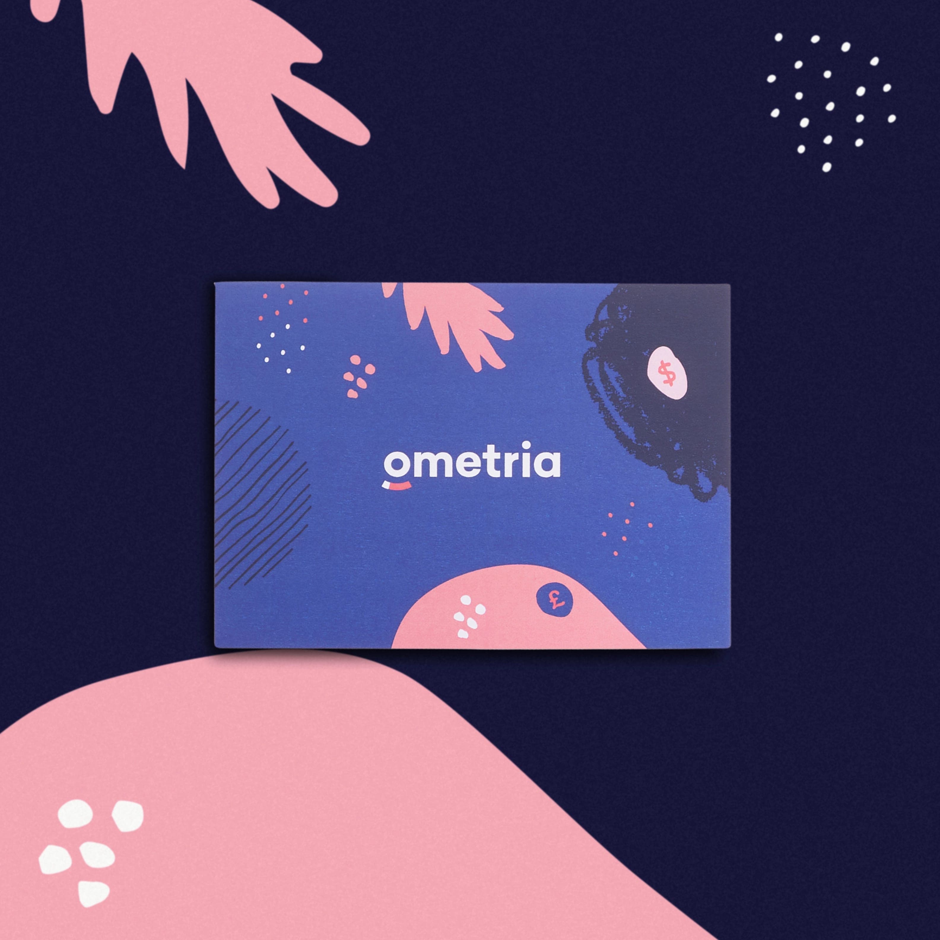 A purple Ometria card with pink leaf, dot and scribble shapes