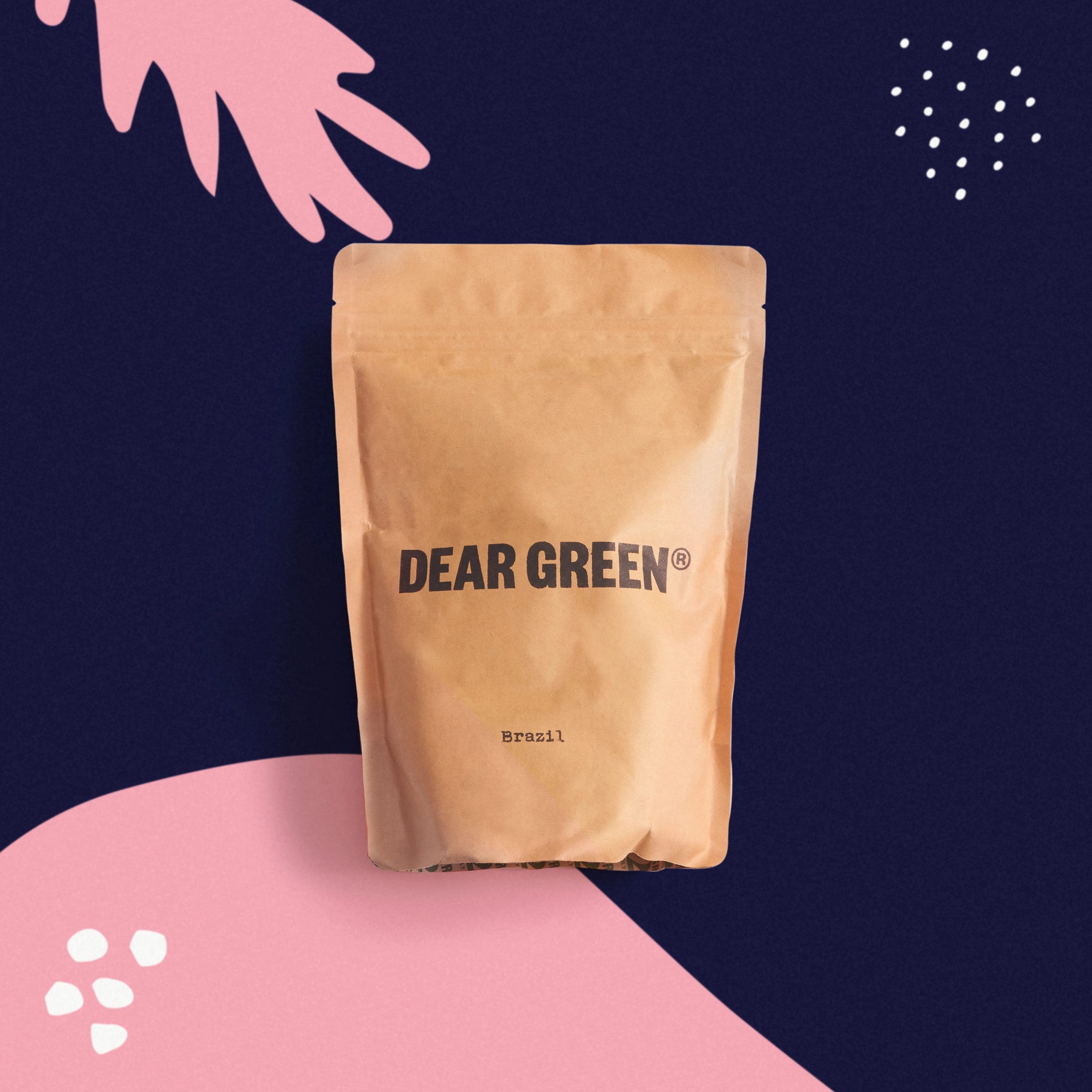 A kraft Dear Green coffee pouch labelled “Brazil”