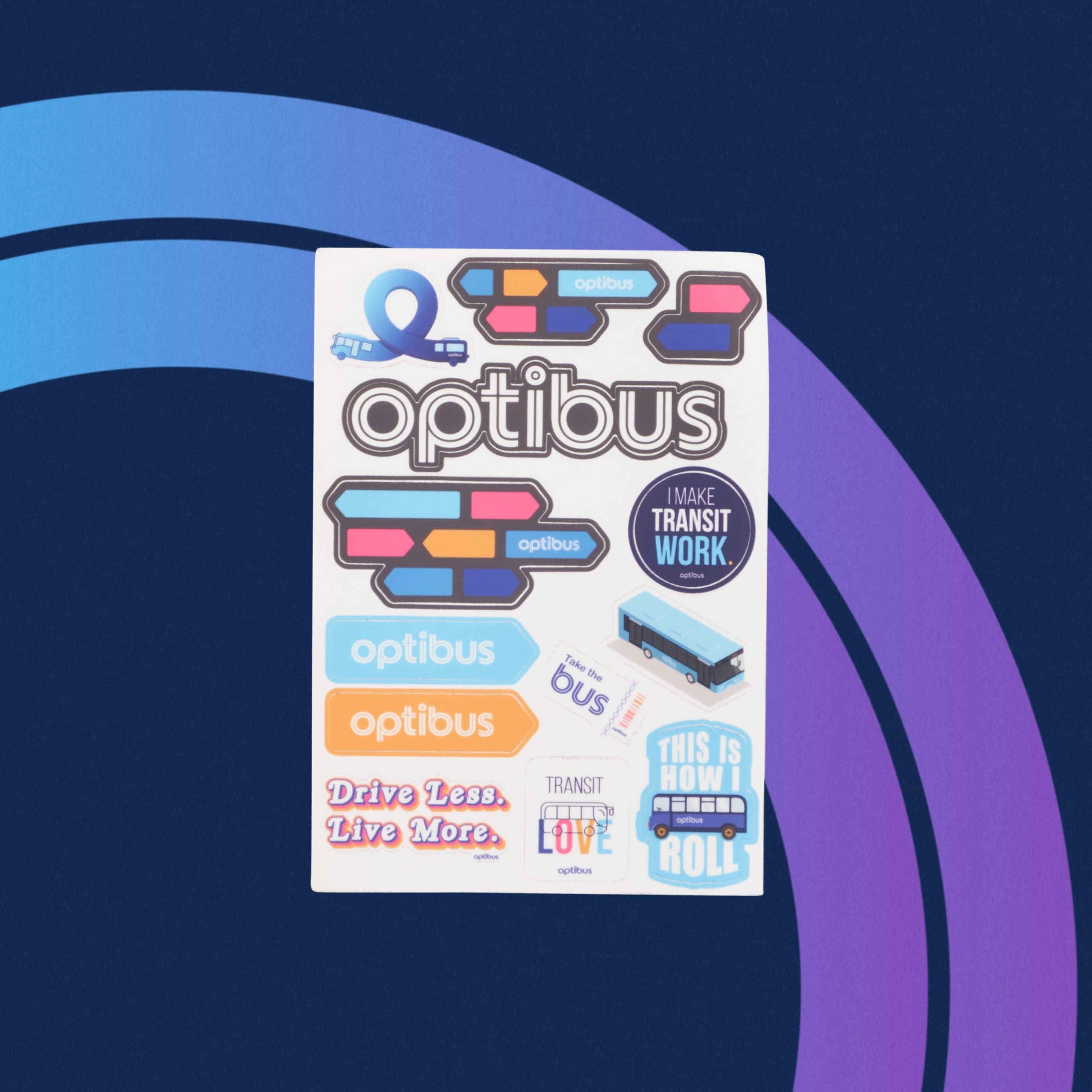 Optibus sticker sheet with buses, arrows and slogans like I make transit work, on navy with purple arcs