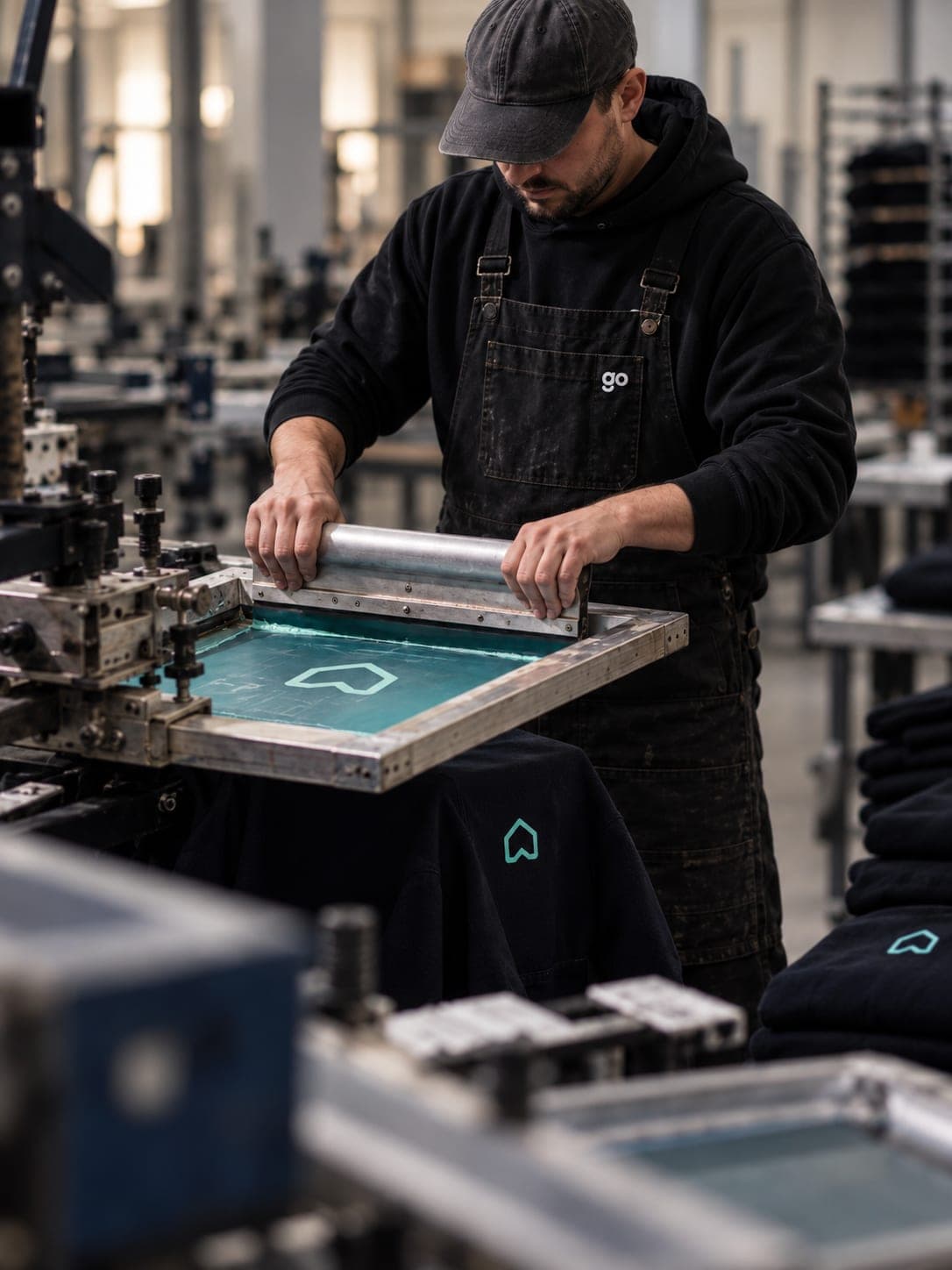 Printer in a cap and apron pulling a squeegee across a screen with the teal Rightmove house icon over navy hoodies