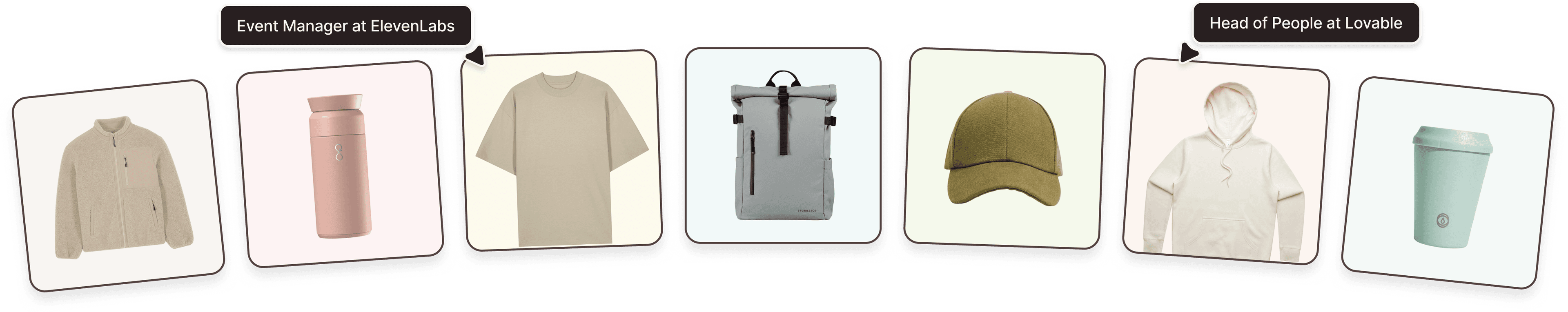 Selection of branded apparel and merchandise with example buyer roles including an Event Manager at ElevenLabs and a Head of People at Lovable.